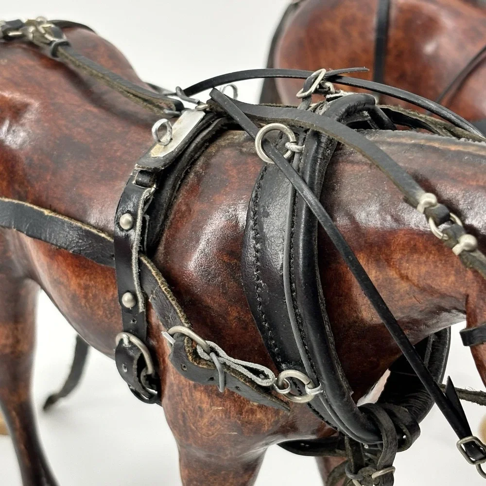 Rare Vintage Wooden Horses With Tooled Leather Bridle Reins Draft‎ Team